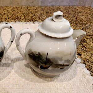 RARE Vintage Kutani Scene Mt Fuji River Boats Hand Painted Pitcher Set with Lids